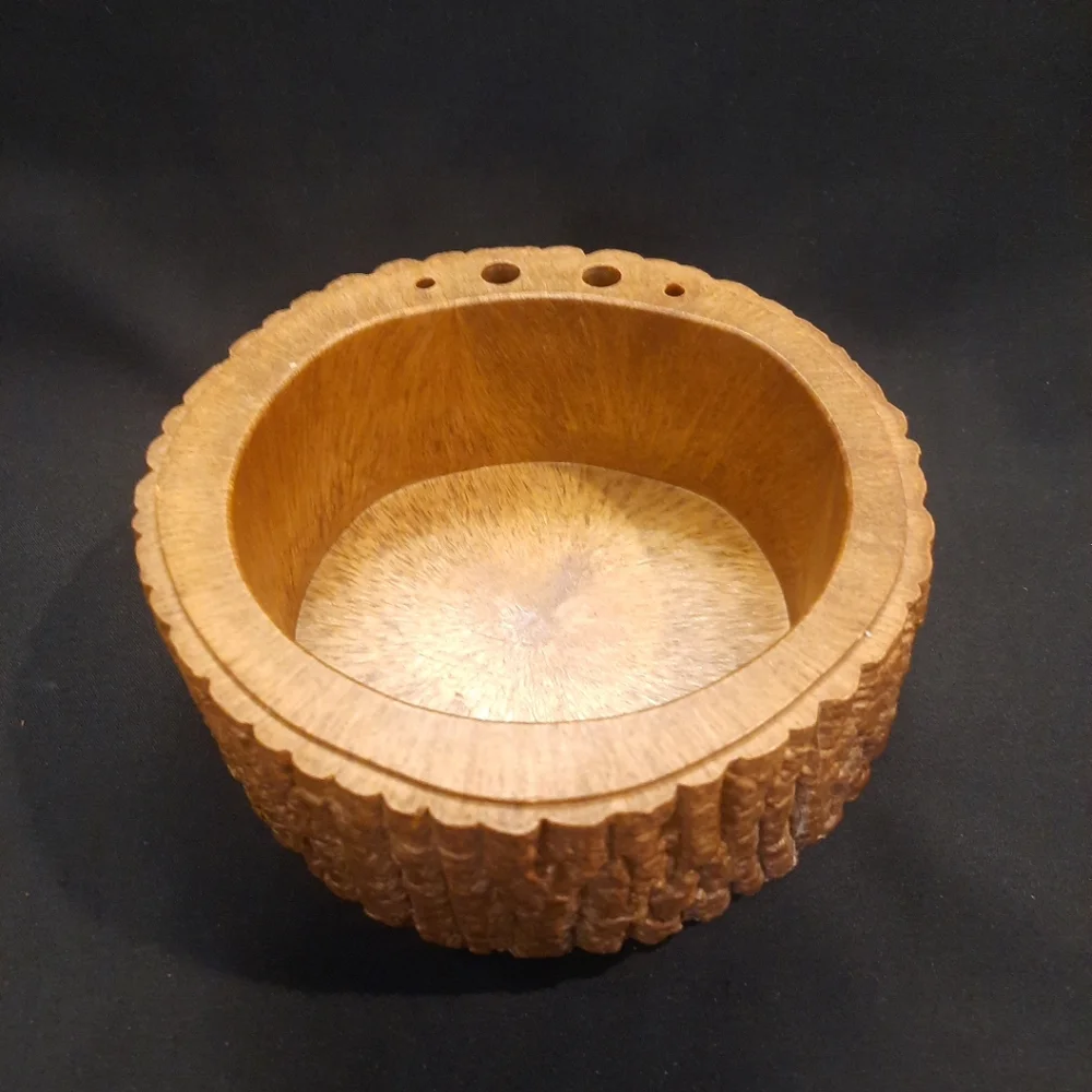 Faux Tree Bark Nut Bowl Dish w/Metal Nut Cracker & 2 Picks